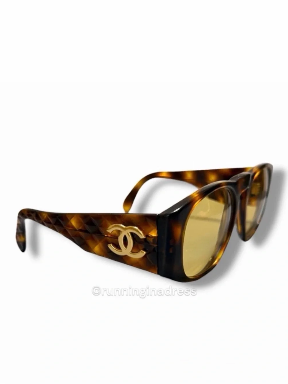 Vintage Chanel 01450 Quilted Sunglasses Tortoise Amber Lens SS 1991 Runway